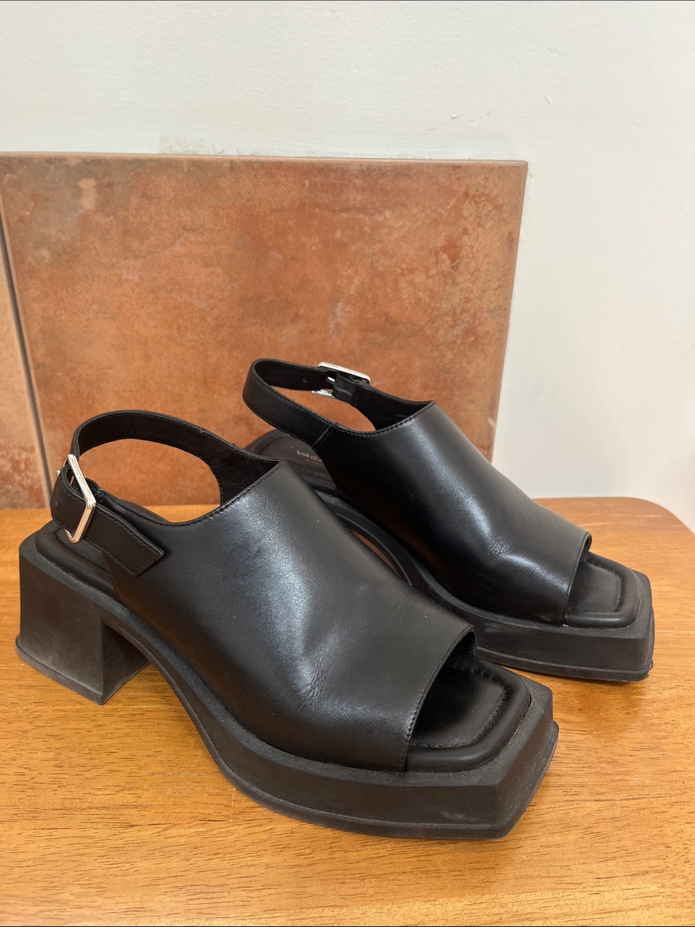 Vagabond Black Leather Open-Toe Chunky Slingback Platform Heels 90s Grunge